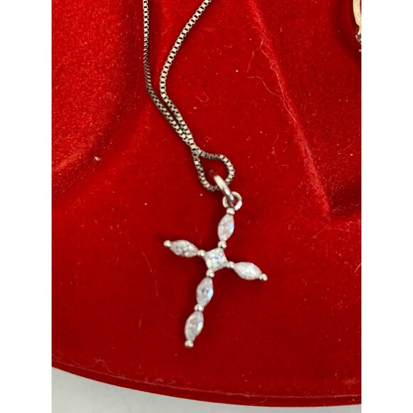 Sterling Silver Necklace & Ring Set Cross Pendant Christian GUC marked crystal - Picture 8 of 16